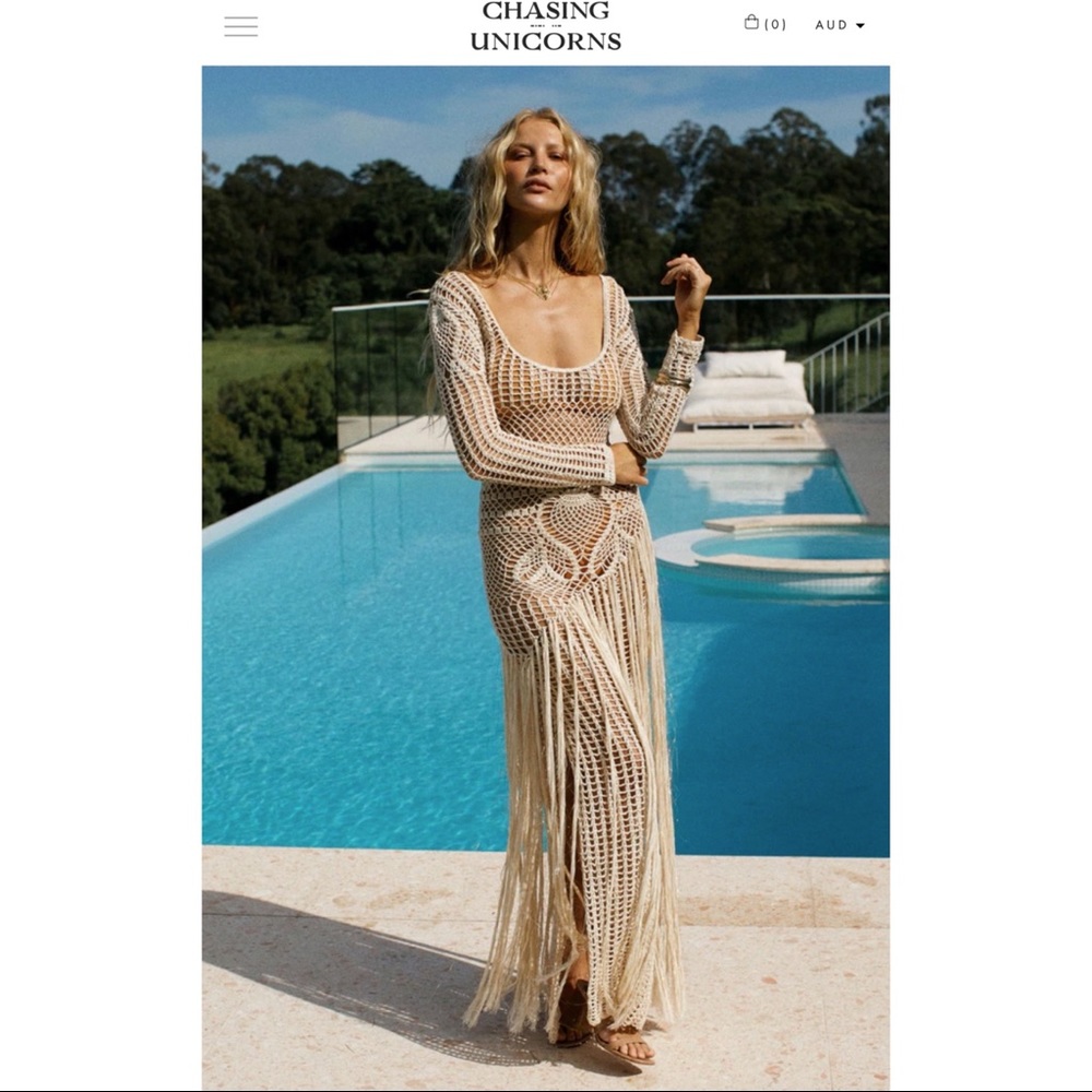 NWOT CHASING UNICORNS Bella Donna Crochet Fringe Maxi Dress Small